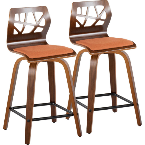 Folia 24" Swivel Counter Stool in Walnut Wood & Orange Fabric w/ Black Footrest (Set of 2)